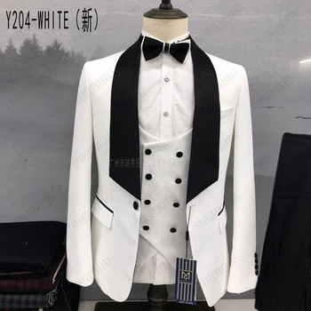 3 db öltöny szett blézer kabát nadrág mellény / 2023 férfi üzleti rács Nagy hajtóka vőlegény esküvői házigazda pöttyös formális ruhakabát