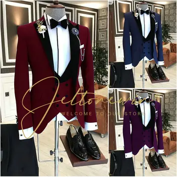 Egyedi készítésű bordó fekete bársony hajtókás öltöny férfiaknak Vőlegény Tuxedo 3 részes esküvői férfi öltöny Terno Masculino dzseki + nadrág + mellény