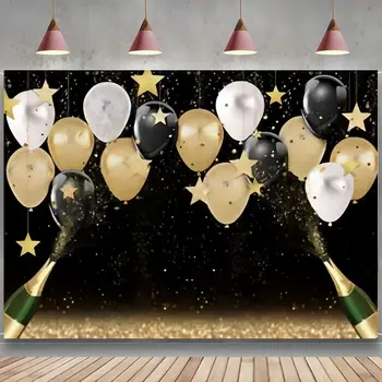 Fekete arany hátterek Újévi dekorációk Boldog születésnapot Banner Léggömb Csillogó csillagok Pezsgőparti háttér Menyasszonyi zuhany