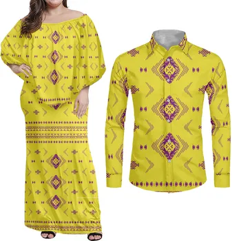 HYCOOL Szamoai polinéz törzsi Malu tetoválás nyomtatás Sárga pár hozzáillő ruhák Őszi divat esküvői ruha alkalmi estélyi ruha