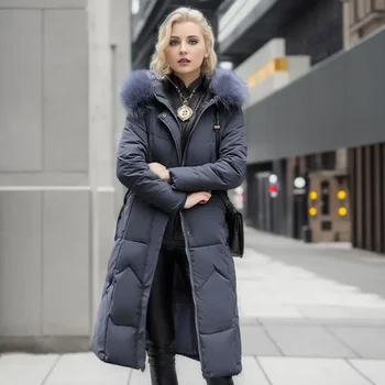 Női középhosszú Parkas Winter New Fashion Slim a térd felett Parkas kabát Nagy hajú gallér Megvastagított pamut párnázott kabát