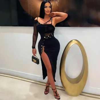 Szexi egyvállú fekete partiruhák nőknek 2023 Evening Nightclub bodycon Maxi ruha magas osztott tű aszimmetrikus hosszú ruha
