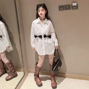 Gyerekek fehér blúz lányoknak ingek ruha őszi koreai stílusú baba tizenévesek lányok hosszú ingek masni pamut hosszú ujjú felsők ruhák