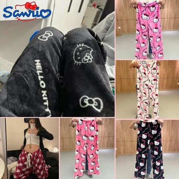 New Sanrio Hello Kitty plüss pizsama nadrág Kawaii Women Flanel otthoni ruhák Anime Casual Pizsama alsók nadrág Lány ajándék