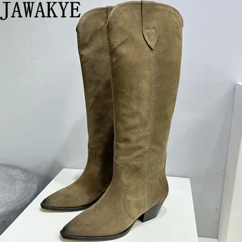 Winter over Knee High Boots Women Quality Kid Velúr Chelsea Bokacsizma Old Pointy Toe Fashion Week Cowboy Knight Boots Mujer