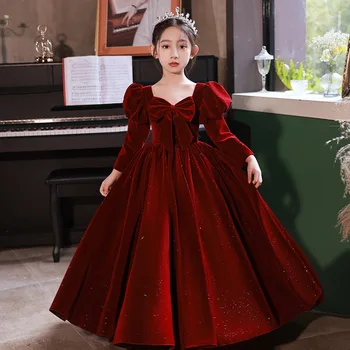 Party ruhák lányoknak Luxus estélyi hosszú piros ruhák szalagavató elegáns gyerekek egyedi ruhák bársony gyerek virág jelmez karácsony
