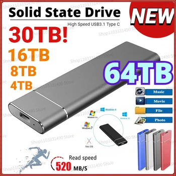 Hordozható SSD 1TB nagy sebességű külső merevlemez Type-C USB 3.1 félvezető-alapú meghajtó 2 TB nagy kapacitású merevlemez laptophoz/asztali számítógéphez