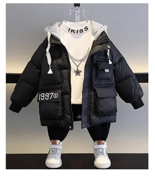 Téli fiú plüss és sűrített gyermek pamut ruhák töltött és megvastagodott új divatos kapucnis kabát baba alkalmi viselet 2-15 év