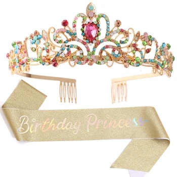Születésnapi lány Tiara koronahercegnő korona születésnapi szárnnyal nőknek Boldog születésnapot party kellékek Multicolor+Gold