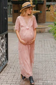 Kismama ruhák fotózáshoz Nyári V nyakú fehér csipke rövid ujjú terhességi ruha Terhes nők fotózása Maxi ruha