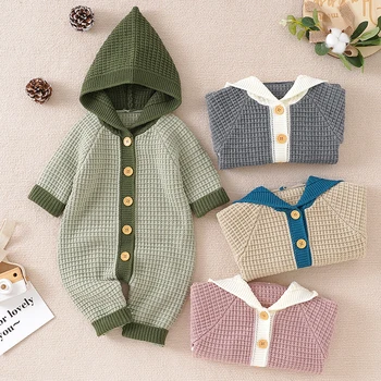 New Baby Rompers kötött újszülött alkalmi kapucnis hosszú ujjú jumpsuit ruhák egy darab őszi téli kisgyermek csecsemő kötött overallok