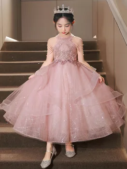 Új elegáns hercegnő gyöngyfűző flitter ruha gyerekek virág lány ruhák lányoknak Gyermek ruha karácsonyi partira Hosszú báli ruha