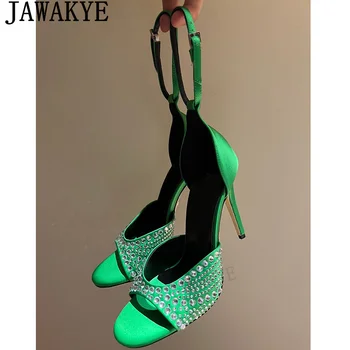 Luxus vékony magas sarkú cipő strassz szandál Nők Szexi tánc Esküvői party cipő Nyári szatén Peep lábujj Bokacsat Szandál Mujer