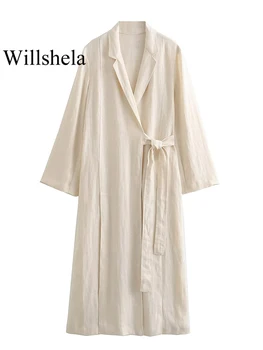 Willshela női divatvászon bézs csipke hasított hosszú kabátok vintage hornyolt nyak hosszú ujjú női elegáns női ruhák