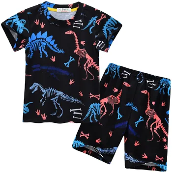 Új nyári dinoszaurusz pizsama fiúknak Lányoknak Rajzfilm állatok Rövid ujjú pizsama Gyerek pamut ruházat Otthoni viselet