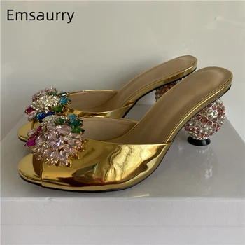 Luxus strasszos virágszandál női ékszeres kristálygömb sarkú magas sarkú cipő nyitott orrú arany lakkbőr 2023 felsőruházat öszvérek