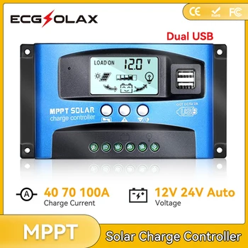 ECGSOLAX MPPT napelemes töltésvezérlő 100A 70A 40A LCD kettős USB Max 5V 2A kimenet 12V 24V automatikus napelemes szabályozó PV Max 50VDC