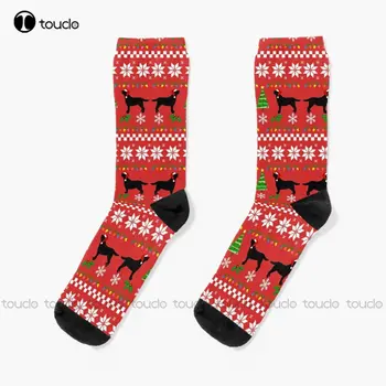 Fekete labrador Boldog karácsonyt pulóver minta Zokni Fehér zokni Nők 360° Digitális nyomtatás Egyéni ajándék Streetwear Vicces zokni művészet