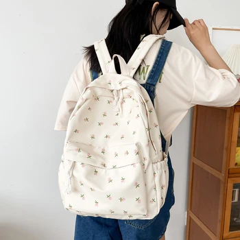 Koreai diákiskolai hátizsák virágos fehér iskolatáskák tizenéves lányoknak Aranyos női hátizsák márka Könyvtáska nylon hátizsák
