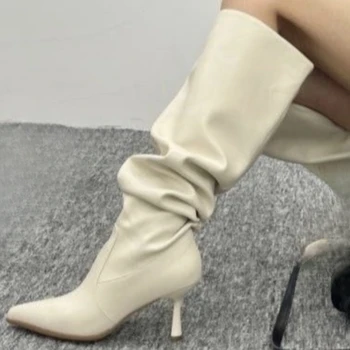 Női ránc Pionted Toe Thin Heel Knee High Boots 2023 ősz Új női sarkú cipő Sexy Party Ladies comb magas csizma