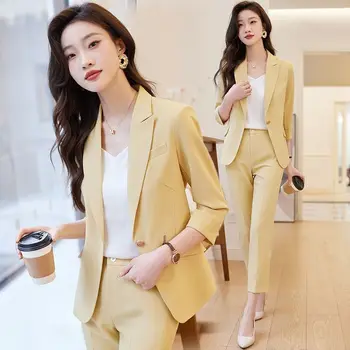 Nők tavaszi nyár vékony sárga blézer nadrág kétrészes szett koreai irodai hölgy karcsú háromnegyedes öltönykabát nadrág ruhák