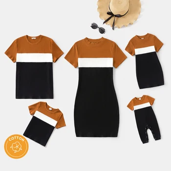 PatPat Family Matching Cotton Short-sleeve Colorblock Rib Knit Mock Neck Bodycon Dresses and Tops szettek