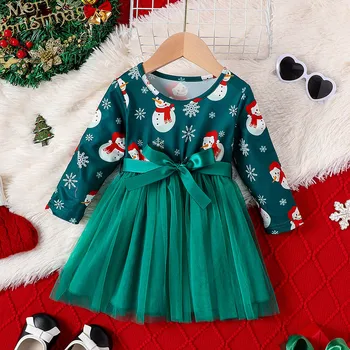6M-3Y Gyerekek karácsonyi ruhák lányoknak Zöld hóember mintás tüll öves ruha Újévi jelmez Gyermek karácsonyi ruházat