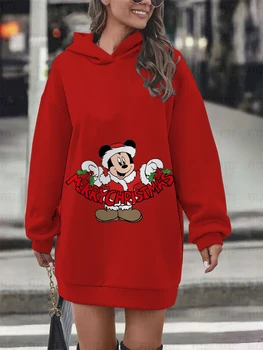 Christmas Mickey Minnie női tavaszi szoknya hosszú ujjú hosszú felső 3D nyomtatás Disney laza A-vonalú kerek nyakú pulóver varrás