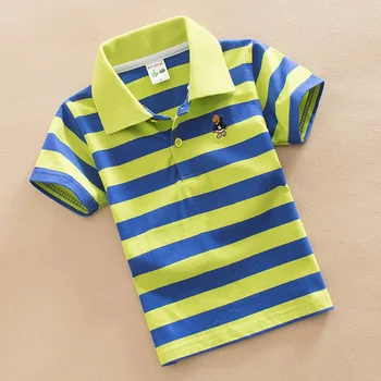 Új fiúk csíkos nyári pólók Iskolás gyerekek ruházata Pamut rövid ujjú lehajtható gallér gombos sportpólók 3-14 éves méret
