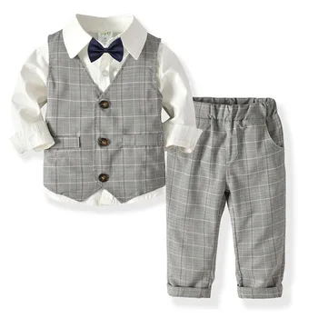 Kisfiú ruha szett hosszú ujjú ing+csokornyakkendő+mellény+nadrág készlet Újszülött baba ruhák készlet Csecsemő kisgyermek úriember öltöny LC370