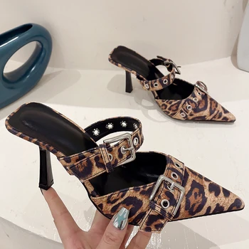 Ezüstös női pumpák Luxus leopárd lábbeli Női magassarkú cipők Csúszdák Cipők Szandálok Divat Nők Vékony sarkú papucsok Plus size
