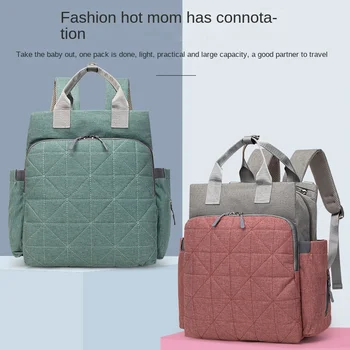 Múmia táska Új hímzőtáska rombuszrácsos többrekeszes anya és baba táska nagy kapacitású hátizsák