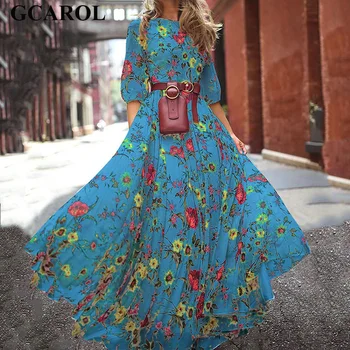 GCAROL női virágmintás bohém maxi ruha nagy szegély magas rugalmas derék rakott utcai ruházat elegáns ünnepi hosszú ruha