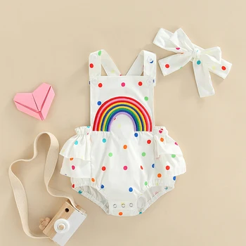 Baby Girls Summer Casual Romper Ujjatlan Dot & Rainbow Print Playsuit + Headband