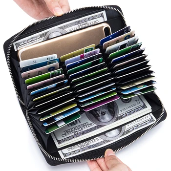 Bőr férfi női kártyatartó Hosszú cipzáras pénztárca Tömör érme pénztárca harmonika design RFID azonosító Üzleti hitelkártya táskák