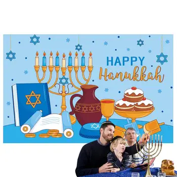Boldog hanukai zászló háttér dekorációk levél banner 9 arany lámpa háttér kék 6x4ft Izrael Party dekoráció Hanuka