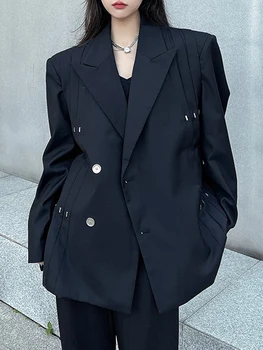 SONNEESD Streetwear Fashion Metal Design Senior kabát Harajuku stílusú minimalista vintage laza sztereó szabású fekete öltönykabát