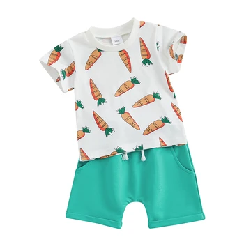 Kisfiú lány húsvéti ruha levél nyuszi mintás rövid ujjú póló rugalmas rövidnadrág szett kisgyermek nyári ruhák