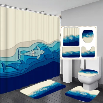 3D Ocean Dolphin WC huzat fürdőszőnyeg szett Delfin fürdőszoba függöny nyomtatás vízálló szövet zuhanyfüggönyök horgokkal