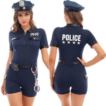 Rendőrnők cosplay jelmez Szexi zsaru tiszt egyenruha Halloween klubruha cipzáras cosplay ruhák Karnevál felnőtt díszes parti ruha