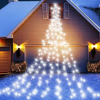 Kültéri karácsonyi csillag vízesés fény 9X3.5M 350LED karácsonyfa jégcsap fény napelemes koszorú fény az ünnepi fa dekorációhoz
