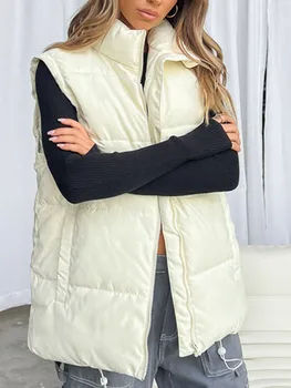 Őszi téli ujjatlan steppelt kabát női egyszínű könnyű cipzáras állvány gallér mellény laza utcai felsőruházat