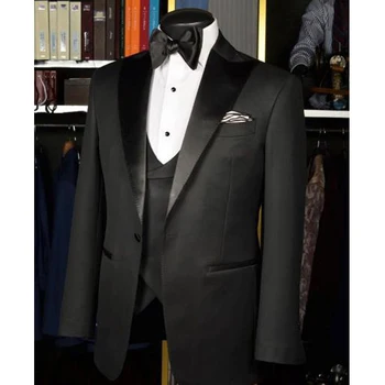 Fekete karcsúsító férfi öltöny esküvői szmokingok vőlegénynek 3 darab egyedi formális üzletember öltönyök készlet kabát mellény nadrág férfi divat