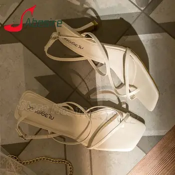 Nyári keresztpántos női szandál Fehér szögletes lábujj papucs Divat Római stílusú magas sarkú Party esküvői ruha cipő